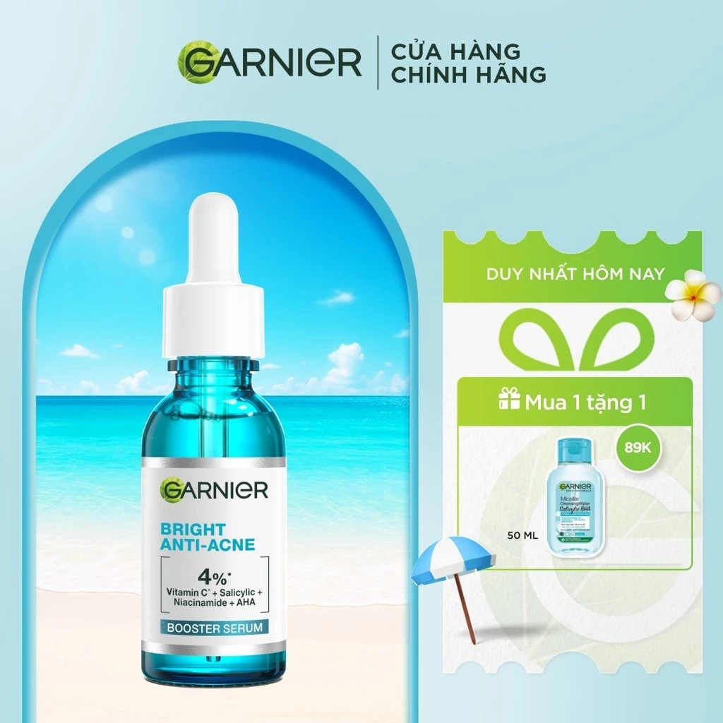 Dưỡng chất cho da dầu mụn Garnier Bright Complete Anti-Acnes Booster Serum 4% [Niacinamide, BHA, AHA, Vitamin C] 30ml