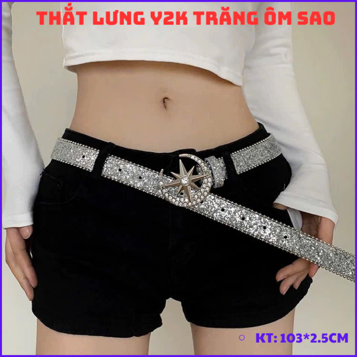 Dây thắt lưng hình mặt trăng ôm sao chi tiết đính đá lấp lánh siêu đẹp, kiểu YK2 dành cho nữ phong cách Cao bồi  OLL355