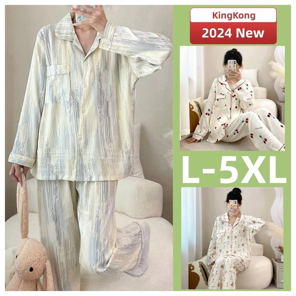 Plus Kích Thước Bộ Đồ Ngủ Nữ L-5XL Bộ Đồ Ngủ Mùa Thu Dài Tay Đồ Ngủ Người Phụ Nữ Cotton Wave Point Mặc Ở Nhà