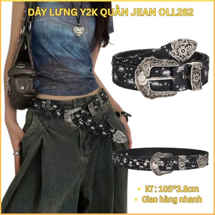 Thắt lưng nam nữ Y2K đính hạt tròn, dây nịt quần Jean bản rộng cá tính phong cách Hàn Quốc OLL382