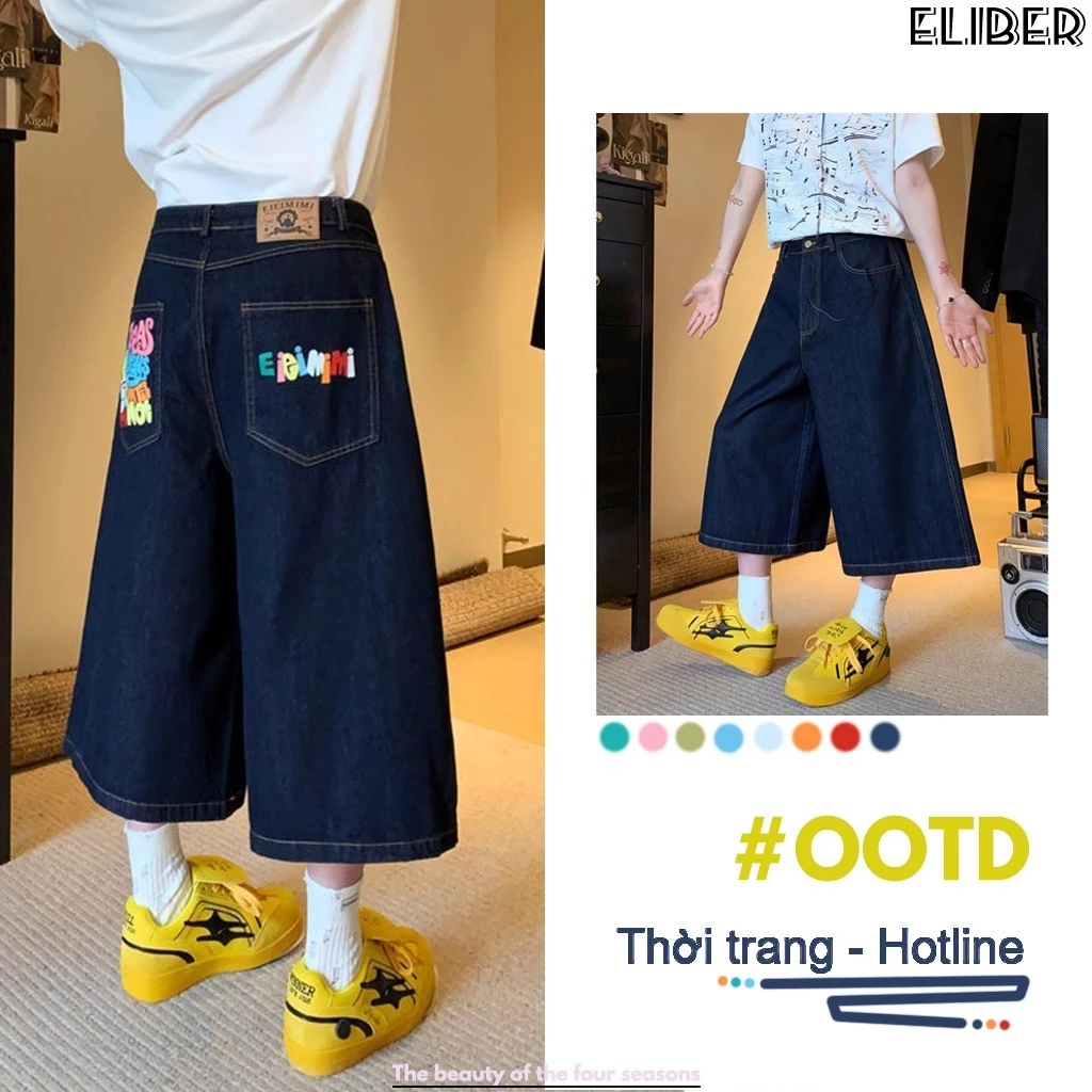 ELIBER- Quần Jeans Nữ 7 Phần Ống Rộng - In Màu Phong Cách Street-style Mỹ - Hàng Mới Thoải Mái