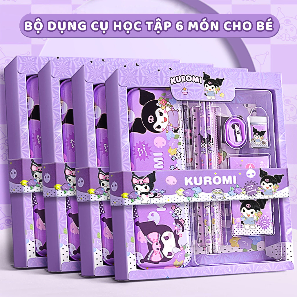 Bộ dụng cụ học tập 7 món dễ thương cho bé ,  hộp bút, thước, 2 bút chì, 1 gôm, 1 đồ chuốt bút chì, 1 hộp màu sáp 6 màu.