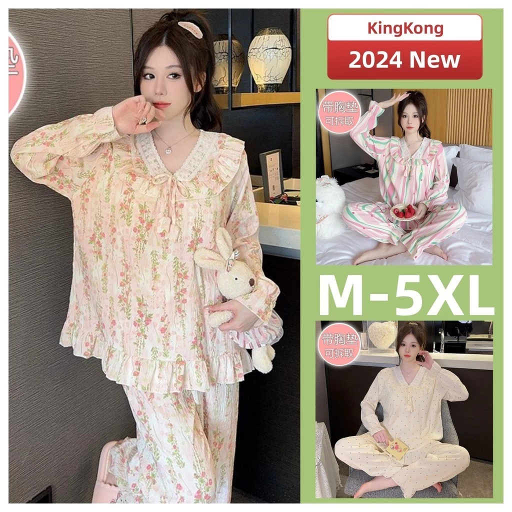 Plus Kích Thước Bộ Đồ Ngủ Nữ M-5XL Có Miếng Lót Ngực Bộ Đồ Ngủ Cotton Thu Đông Nữ Tay Dài Có Đệm Đồ Ngủ Người Phụ Nữ Rời Nhà Mặc Bộ