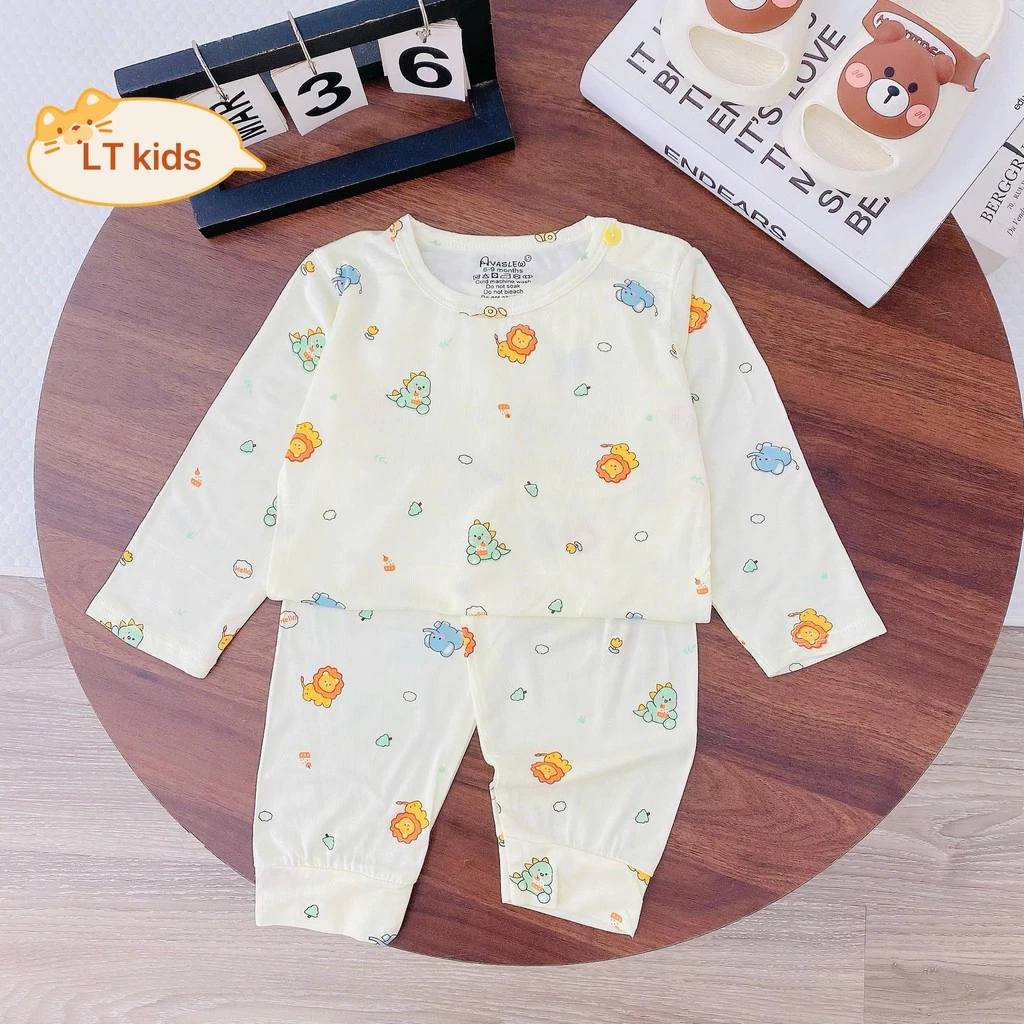 [LOẠI ĐẸP] Set 5 BỘ DÀI TAY THUN LẠNH PEPTIT NỀN KEM IN HỌA TIẾT CHO BÉ 3-13KG