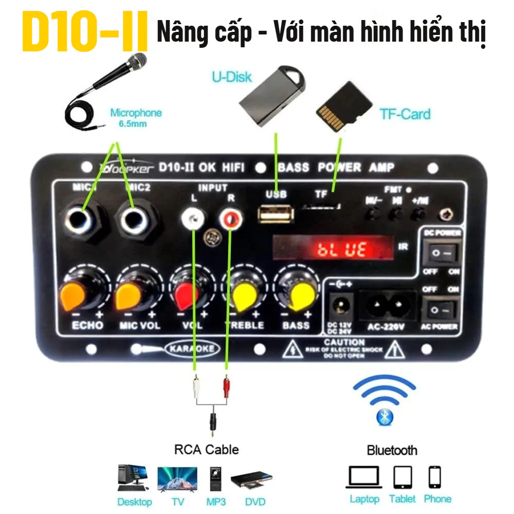 Mạch loa D10-II Bluetooth 5.0 hát Karaoke công suất lớn 120w, 12V/24V/220V lắp loa kéo, chế loa (Tặng kèm đủ phụ kiện)