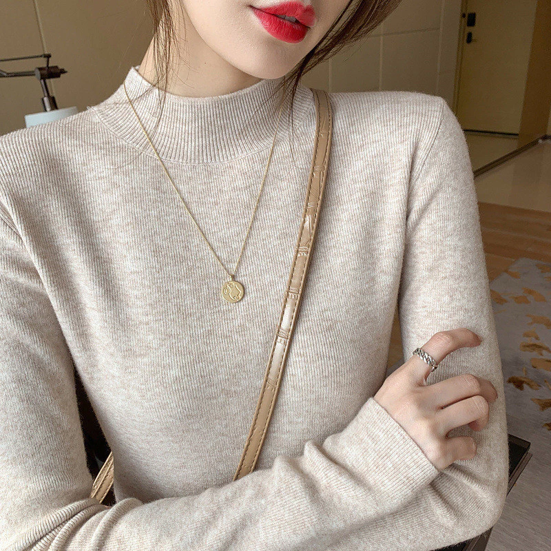 YAYUAN Nửa Cổ Cao Cổ Dệt Kim Đáy Áo Sơ Mi Nữ Thu Đông Phong Cách Mới Mềm Mại Sáp Ôm Tay Dài