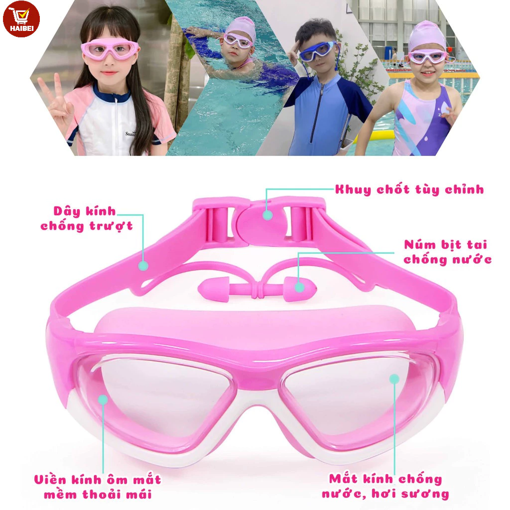 Kính bơi 3-15 tuổi trẻ em,Kèm nút bịt tai,Chống tia UV,chống mờ,góc rộng