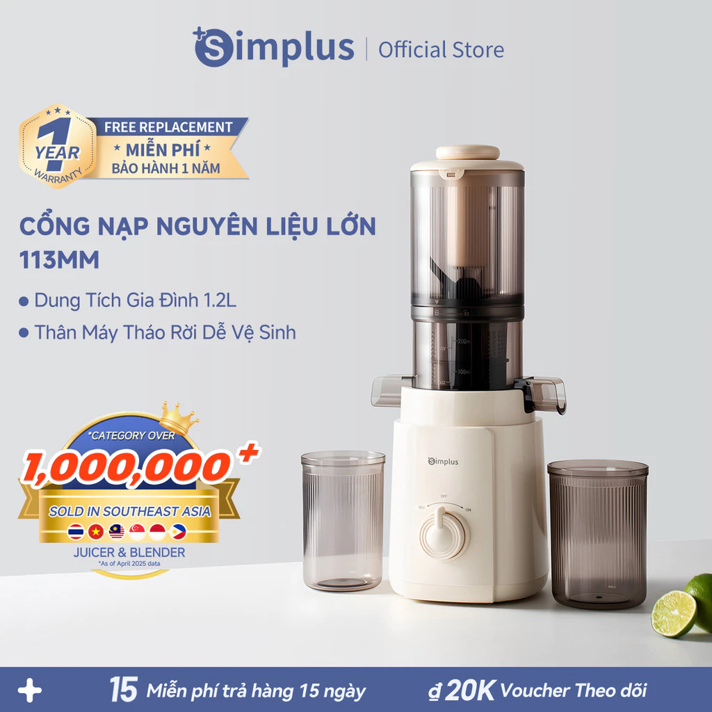 Simplus Máy Ép Chậm Cổng Nạp Lớn 113mm Dung Tích 1.2L Ép Xoắn Ốc Tháo Rời Dễ Vệ Sinh ZZJH010
