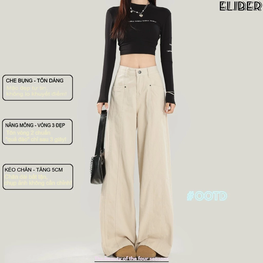 ELIBER-  Trang Phục Công Sở Màu Trắng Cát Cổ Kiểu Mỹ Quần Jean Ống Rộng Ống Đứng Cạp Cao Mẫu Mới Nữ