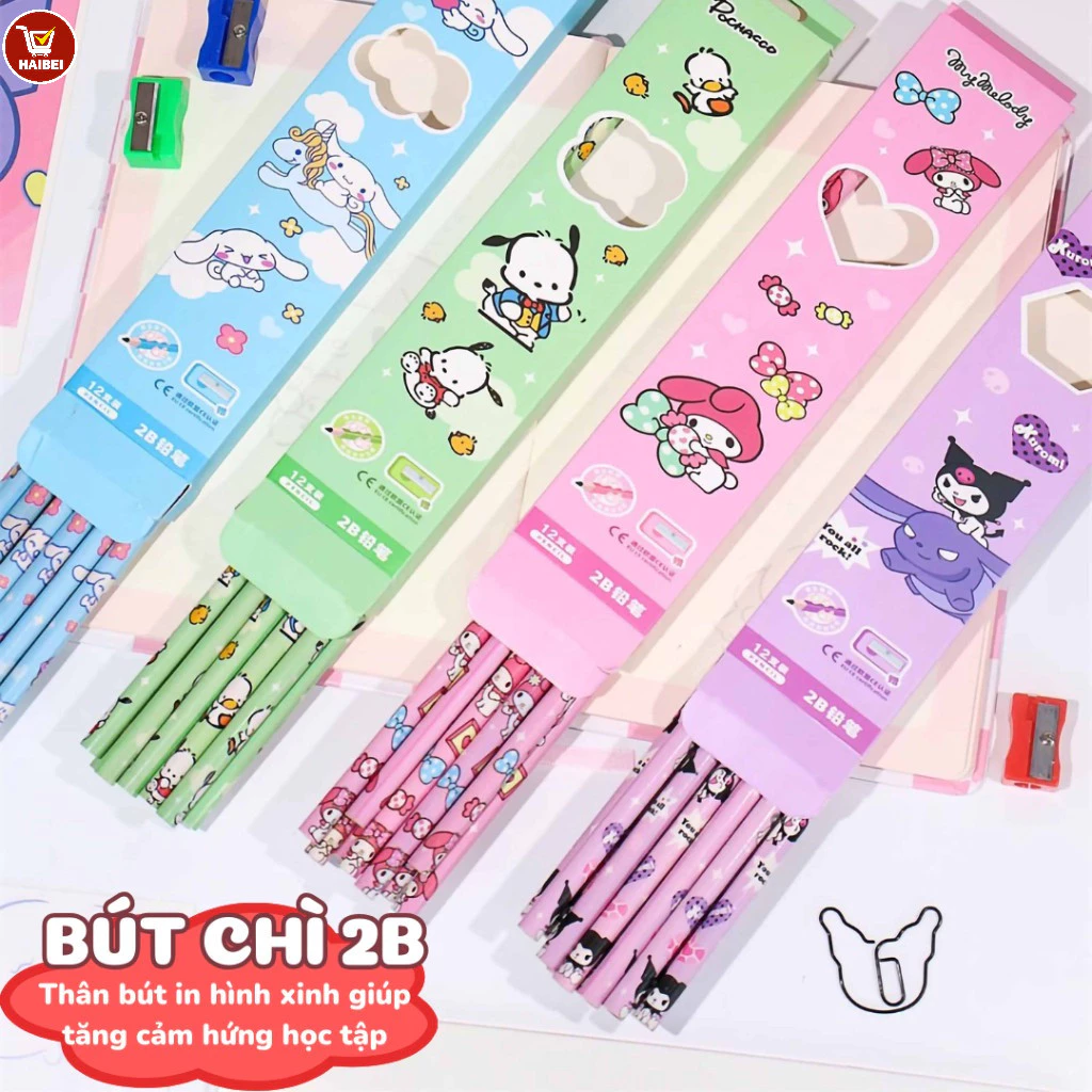 12 bút chì gỗ 2B, hộp đựng tinh tế và dễ thương, 4 màu khác nhau cho mỗi mẫu,Một hộp bút chì màu ngẫu nhiên