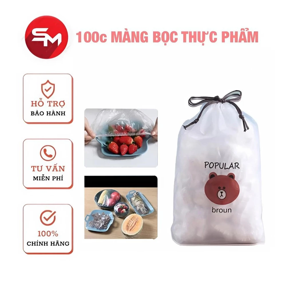 Bộ 100 Màng Bọc Thực Phẩm Co Giãn Siêu Dai Có Chun Hình Túi Gấu