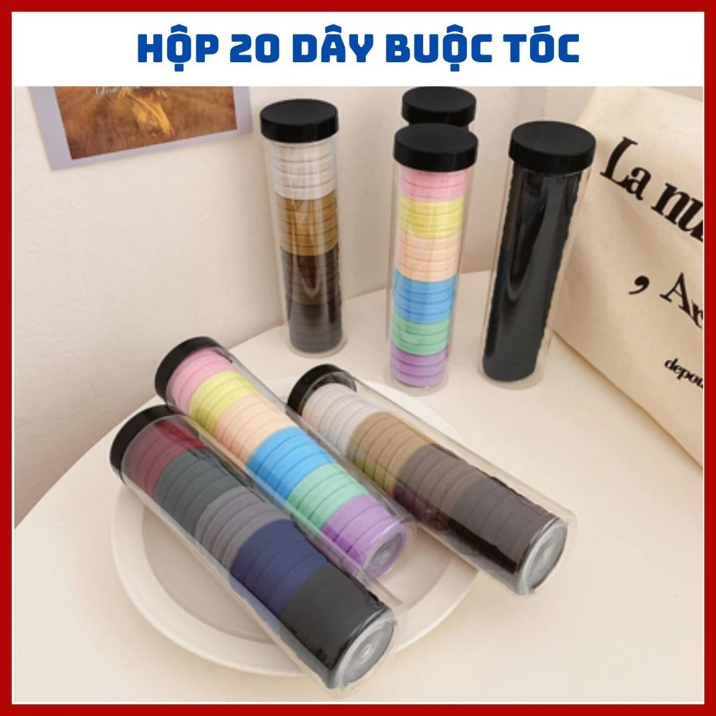 HỘP 20 Chun Buộc Tóc dây trơn Nhiều Màu Sắc, Dây Buộc Tóc Trơn Kèm Ông Đựng Trong Suốt