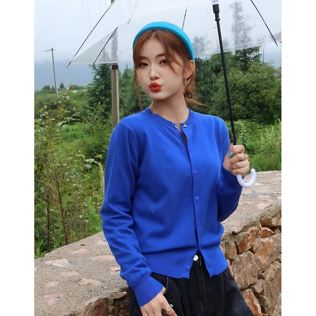 YAYUAN Mẫu mới cardigan nữ dệt kim màu xanh, cổ tròn phù hợp cho mùa thu
