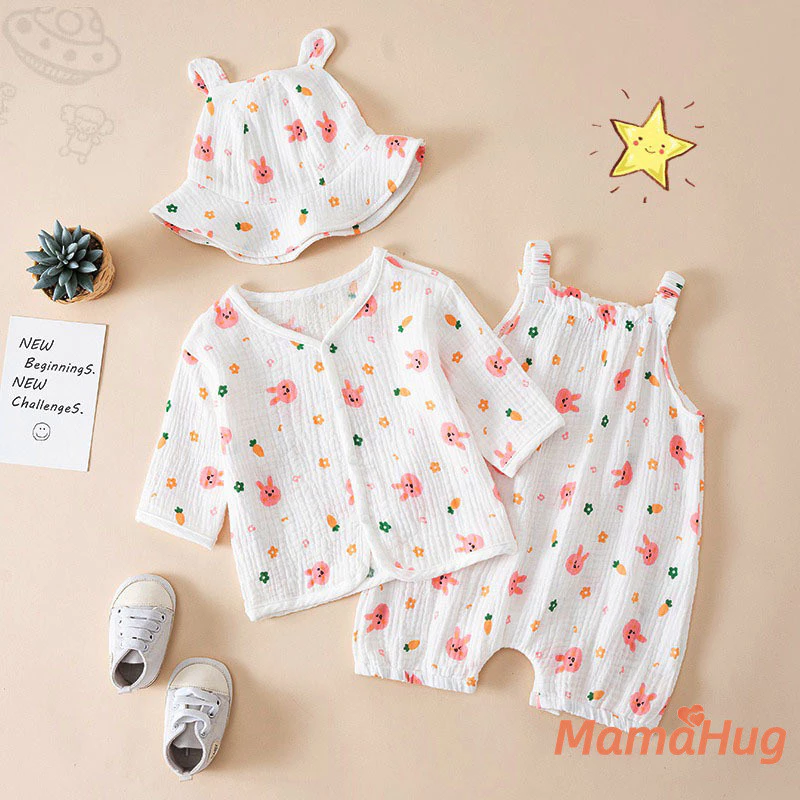Bộ áo liền quần cho bé Bộ trang phục gạc Cotton mùa hè 3 bộ áo liền quần cho trẻ sơ sinh có Cardigan Bộ đồ liền thân không tay Quần áo chống nắng cho bé Quần áo trẻ sơ sinh mỏng mềm mại Quần áo bé trai mặc ngoài trời