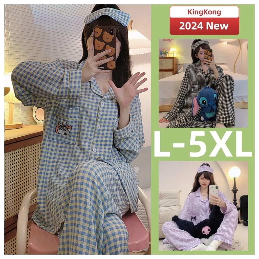 Bộ Đồ Ngủ Nữ L-5XL Plus Kích Thước Bộ Đồ Ngủ Mùa Thu Dài Tay Đồ Ngủ Người Phụ Nữ Cotton Phiên Bản Hàn Quốc Kẻ Sọc Hoạt Hình Mặc Ở Nhà