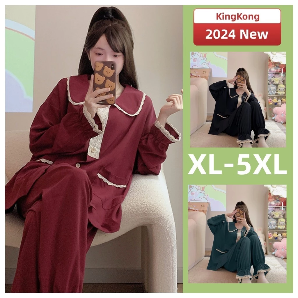 Plus Kích Thước Bộ Đồ Ngủ Nữ XL-5XL Bộ Đồ Ngủ Mùa Thu Dài Tay Đồ Ngủ Người Phụ Nữ Cotton Phong Cách Công Chúa Mặc Ở Nhà