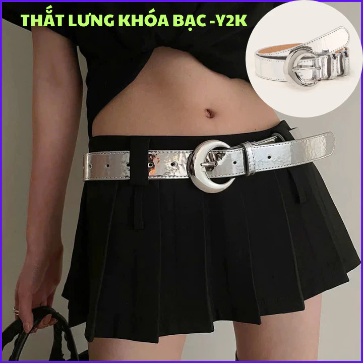 Dây thắt lưng nam nữ khóa bạc tráng gương, dây nịt đa năng dễ phối đồ phong cách Y2K cá tính  OLL360