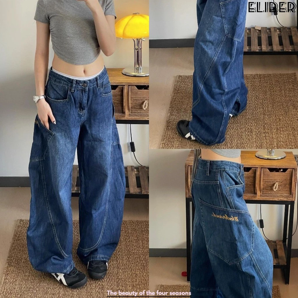 ELIBER- Quần Jeans Nữ Ống Loe Cong Xanh Dương - Túi Hộp Phong Cách Retro Mỹ - Eo Cao Suông Rộng Dáng Rủ