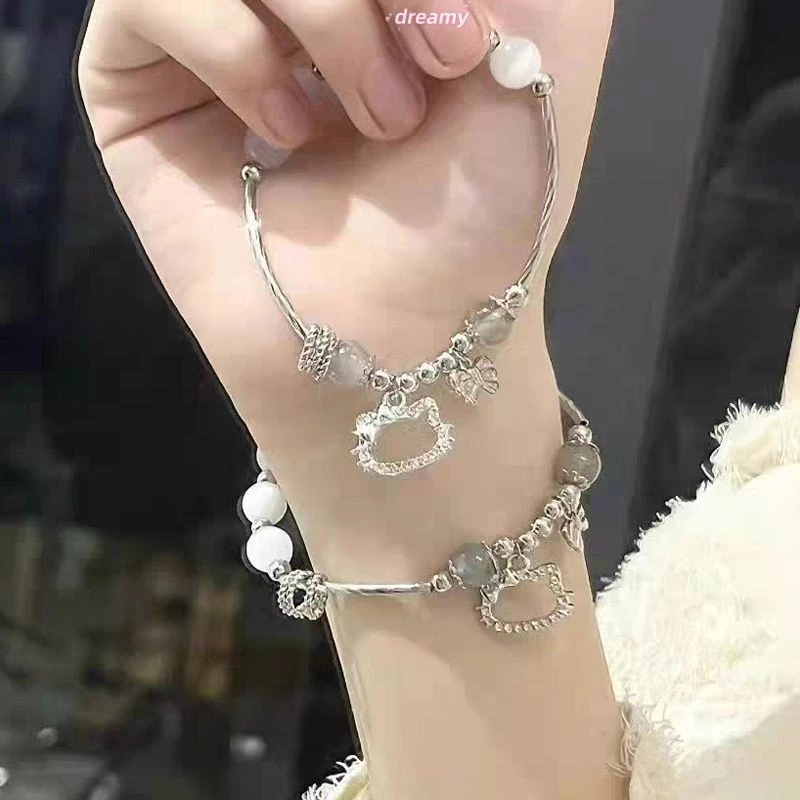 💕Dreamy💕Sanrio Hello Kitty Y2K Vòng Tay Thắt Nơ Anime Kawaii Giai Điệu Của Tôi Bạc Ánh Trăng Đá Nữ Cô Gái Trang Sức Phụ Kiện Quà Tặng