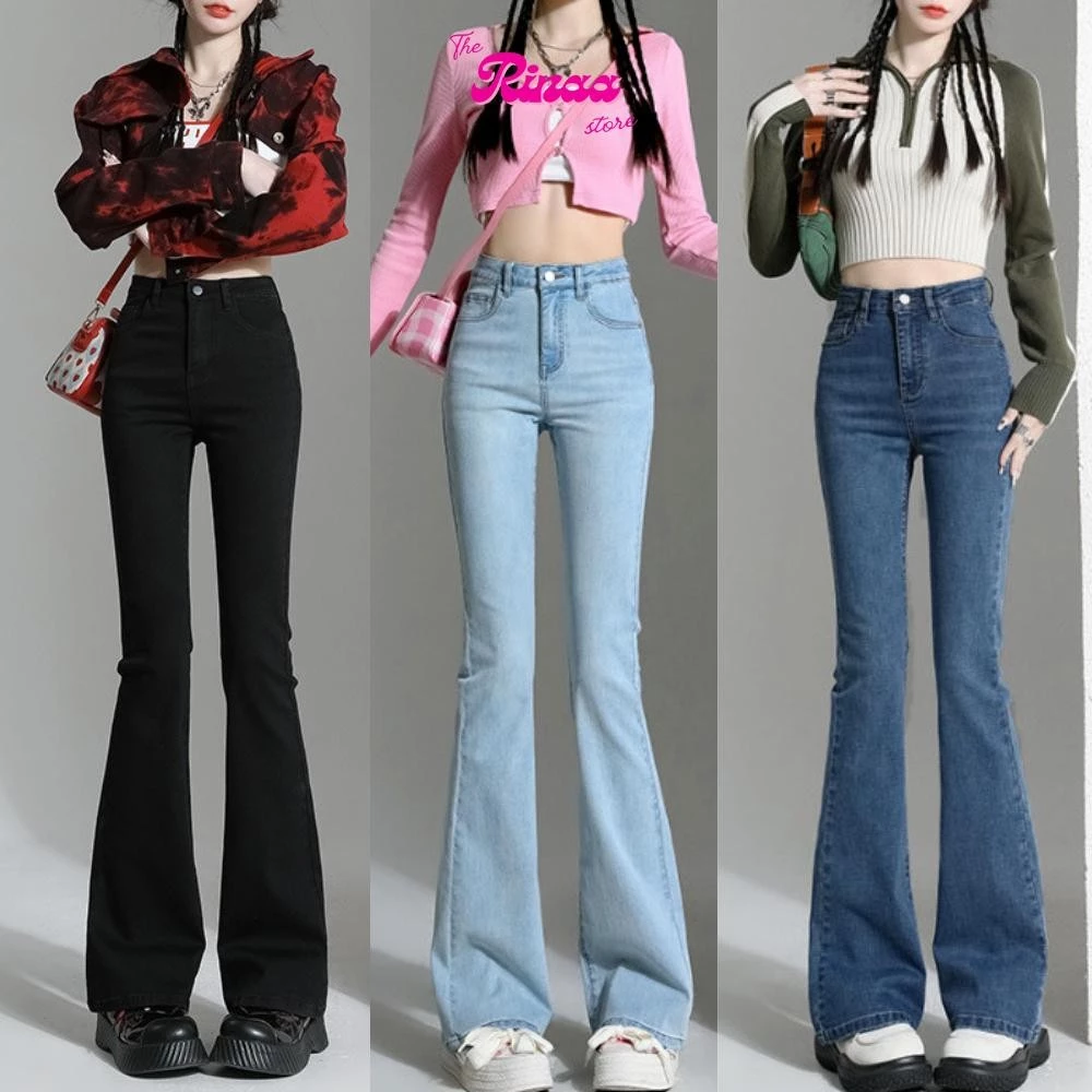 Quần jeans ống loe nữ co giãn lưng cao ôm eo trơn basic, quấn bò loe cạp cao nữ chất jean cao cấp Hottrend