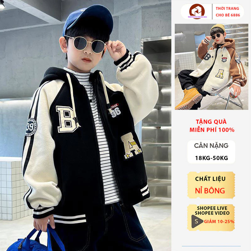 Áo khoác bomber, áo khoác thu đông bé trai mẫu B, áo thu đông nam nữ size 18-52kg chất nỉ bông dày dặn, áo khoác nam nữ