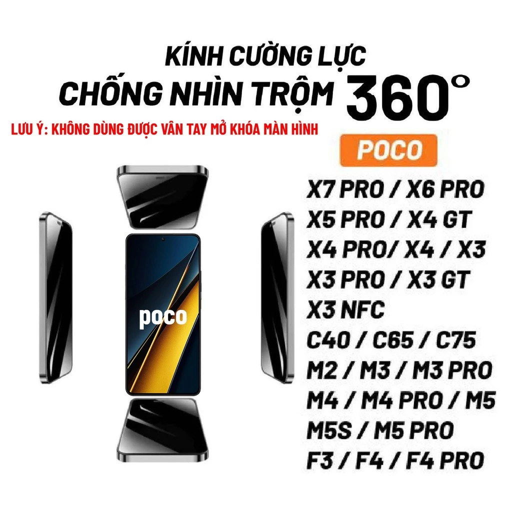 Kính cường lực cho Xiaomi POCO chống nhìn trộm 360 độ X7 PRO F3 F3 GT F5 PRO F6 F6 PRO F7 PRO M4 M6 M6 PRO M7