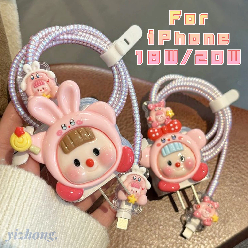 Ốp Sạc Cho iPhone 18W / 20W Màu Hồng Ngọt Ngào Nơ Thỏ Kirby Cô Gái Sạc Bảo Vệ Dòng Dữ Liệu Xoắn Ốc Bọc Cáp Cắn Vỏ Mềm Để Làm Sáng Android Mirco-USB Type-C