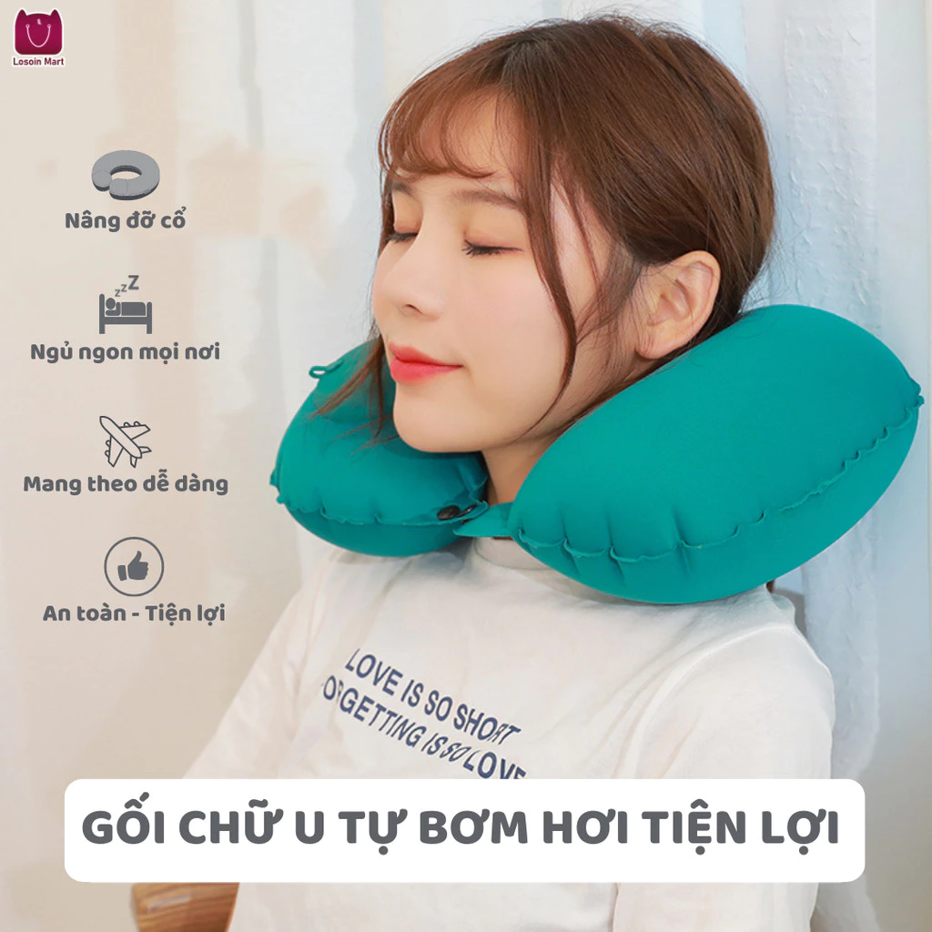 Gối kê cổ chữ U  cao cấp tự bơm hơi, Gối hơi chữ U ngủ văn phòng, du lịch gấp gọn tiện dụng