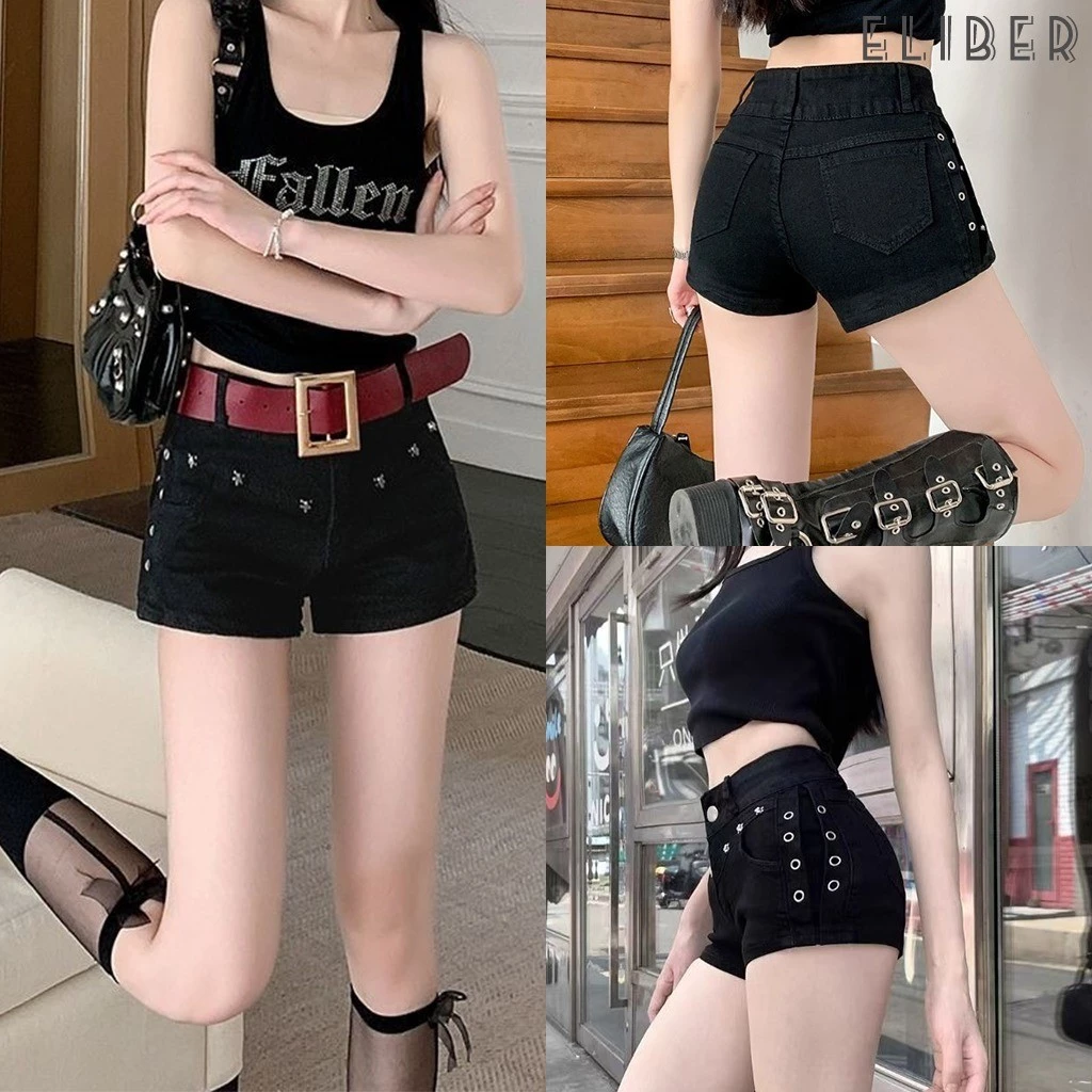 ELIBER- HÀNG SẴN - Quần short jeans đen form body - Thiết kế đinh tán - tôn dáng - Phong cách ulzzang Hàn Quốc