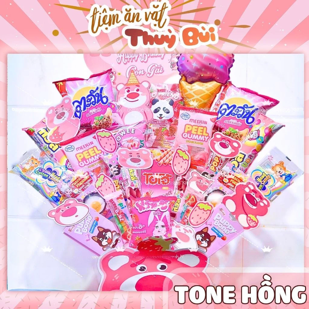 Bánh Kẹo Màu Hồng / Thế Giới Đồ Ăn Vặt Màu Hồng, Kẹo Gấu Dâu Losto, Concept Trang Trí Giỏ Quà Bánh Kẹo