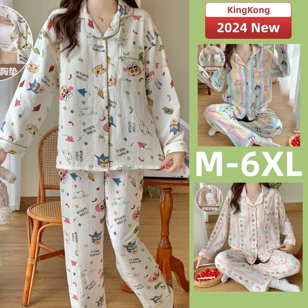 Bộ Đồ Ngủ Có Đệm Nữ M-6XL Plus Kích Thước Bộ Đồ Ngủ Bộ Thu Đông Tay Dài Đồ Ngủ Người Phụ Nữ Hoạt Hình Dễ Thương Với Miếng Lót Ngực Mặc Nhà