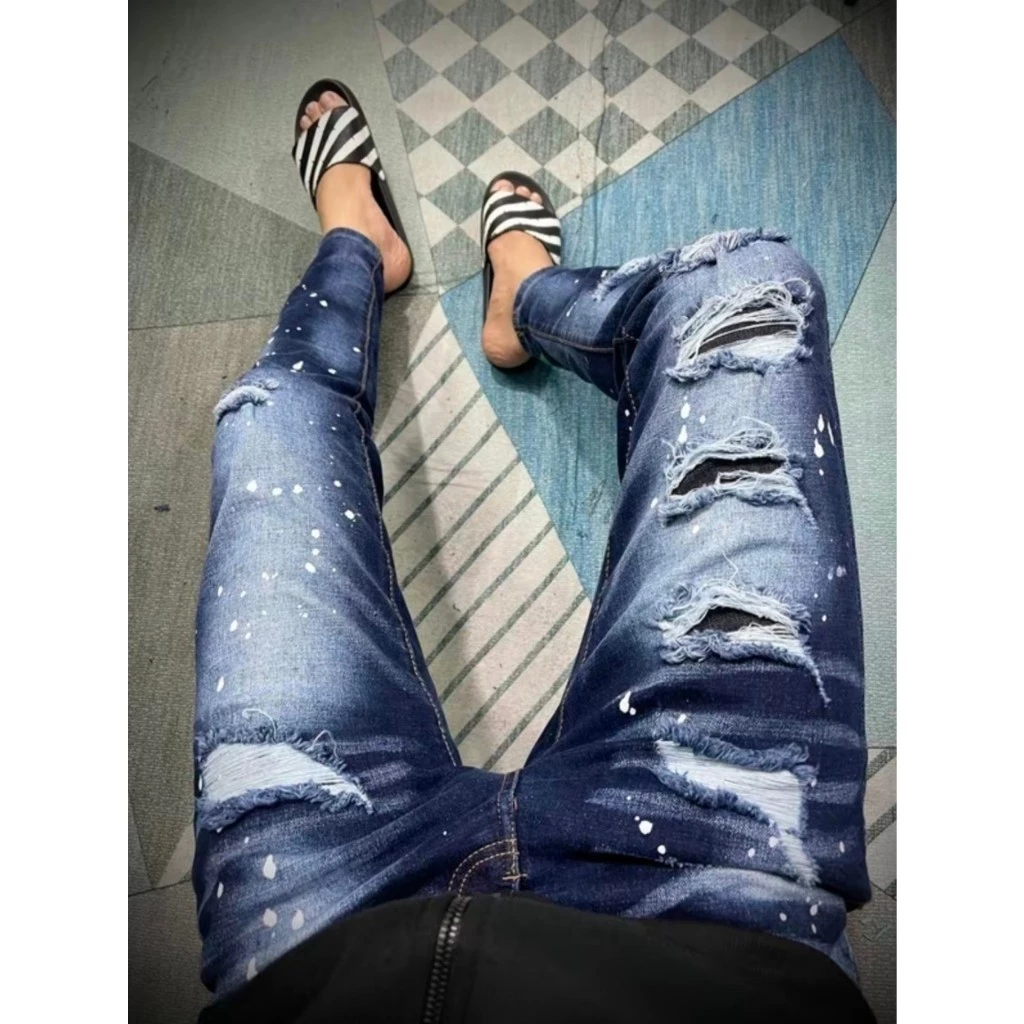 (hàng thanh lý)Quần jean nam DSQ xanh bản 4 cúc in chữ mặt sau form slimfit ống đứng co giãn cao cấp-AHFASHION