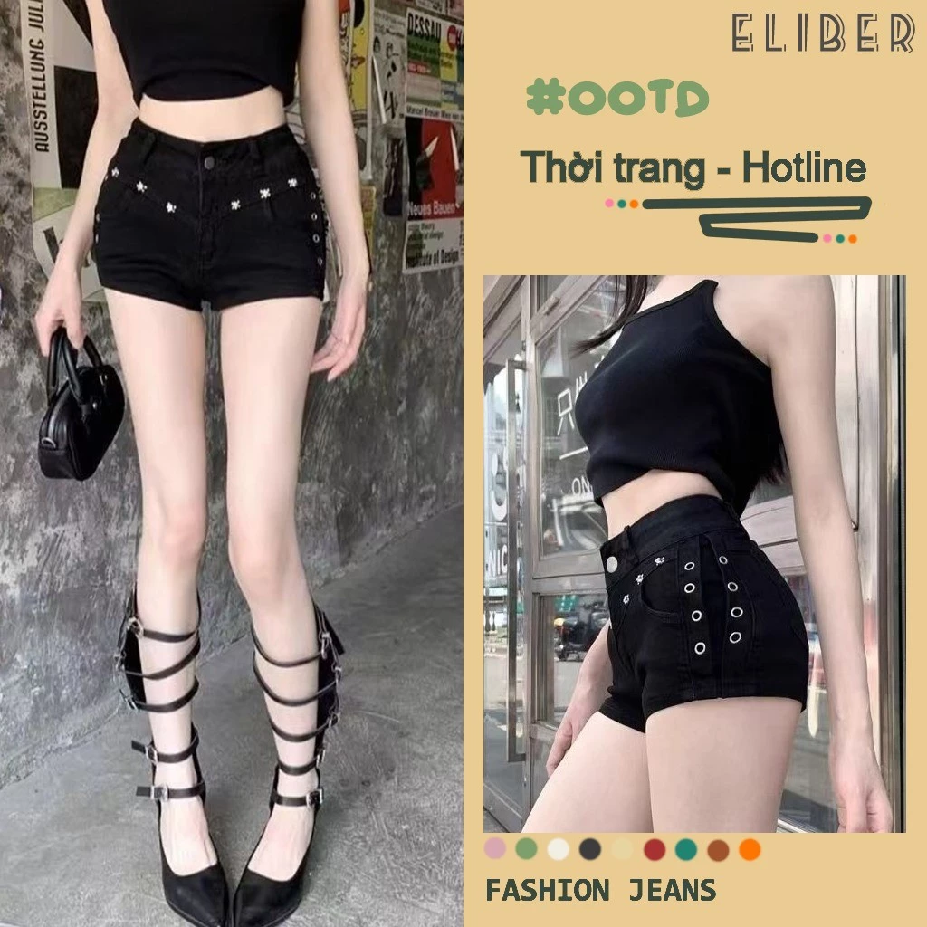 ELIBER- HÀNG SẴN - Quần short jeans đen form body - Thiết kế đinh tán - tôn dáng - Phong cách ulzzang Hàn Quốc