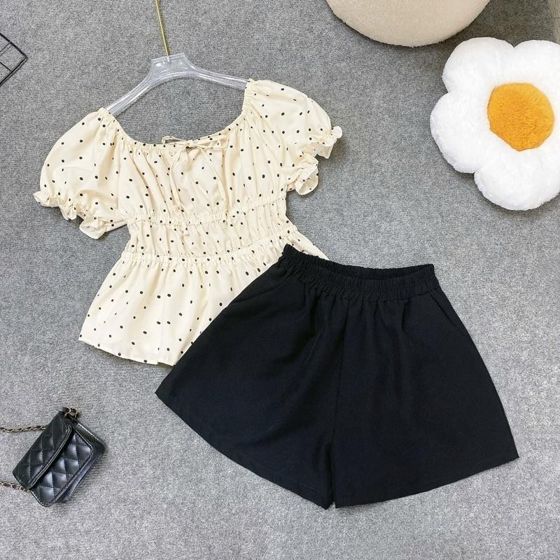 Set bigsize nữ có áo bo eo tay phồng dễ thương tôn dáng  phối quần đùi lưng chun co giãn - A282+Q500