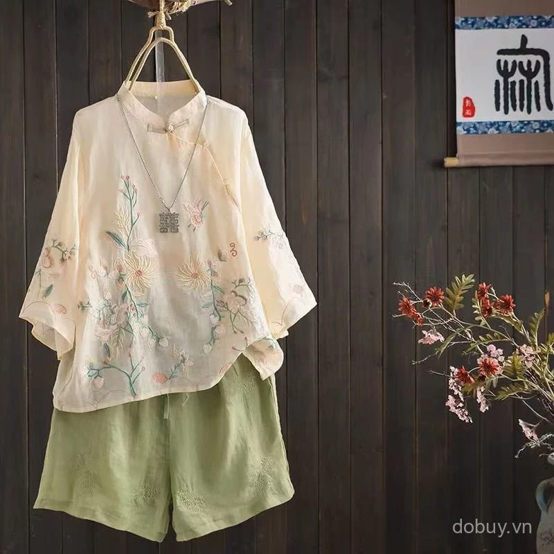 Áo sơ mi vải lanh cotton phong cách Trung Quốc, thêu lớn, cổ đứng, tay 3/4 với nếp gấp và nút ếch