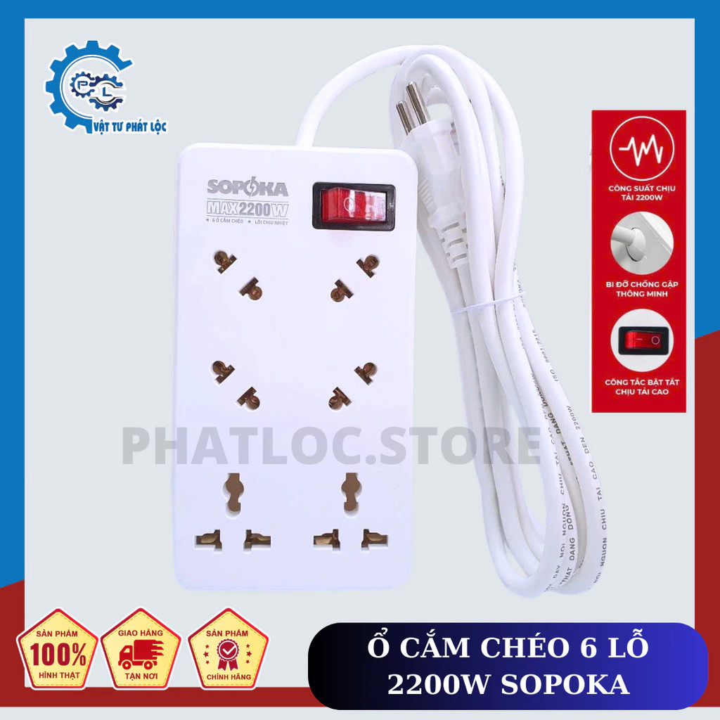 Ổ cắm điện 6 lỗ chéo lõi chịu nhiệt 2200W 6A2 SOPOKA