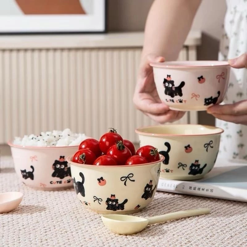 Bộ 2 Bát Sứ Kèm 2 Thìa Sứ Mèo Đen Nơ Cute Cat Đáng Yêu Bát Ăn Dặm Cho Bé Dễ Thương