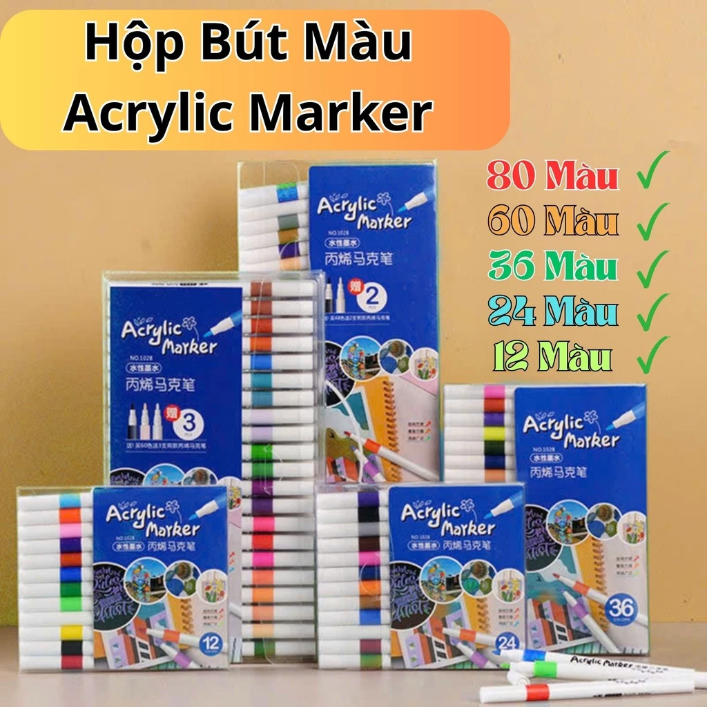 [Chính hãng] Hộp Bút Acrylic Marke Cao Cấp 80-60-36-24-12 Màu-Chống Nước, Màu Sắc Tươi Sáng, Vẽ Trên Nhiều Chất Liệu