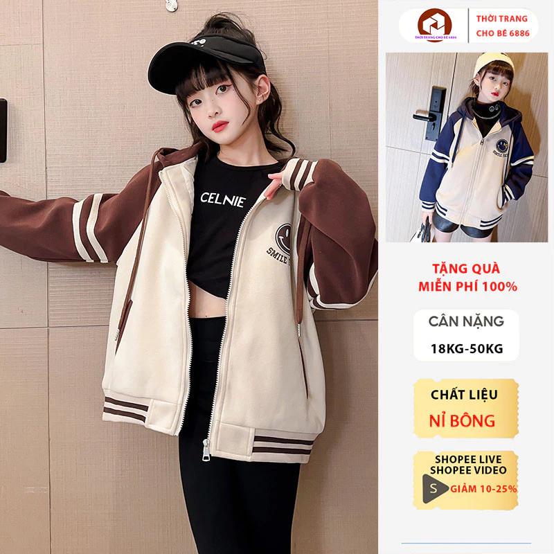 Áo khoác thu đông nữ, áo khoác bomber bé gái 18-52kg mẫu Smile, áo khoác bóng chày nỉ dày dặn, áo bomber bé gái