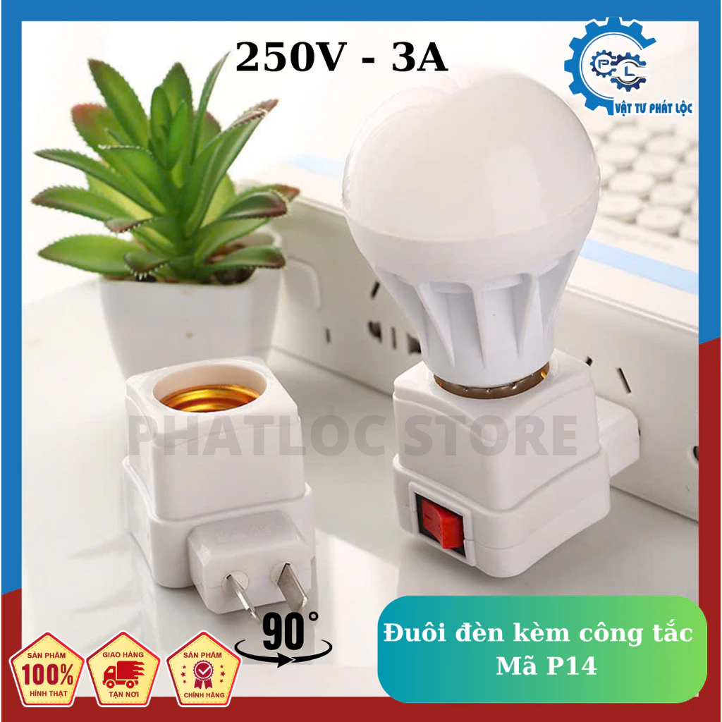 Đui đèn E27 vuông kèm công tắc, chân dẹp xoay được, Mã P14 dùng cho lắp đèn LED Búp, đui cắm điện cao cấp