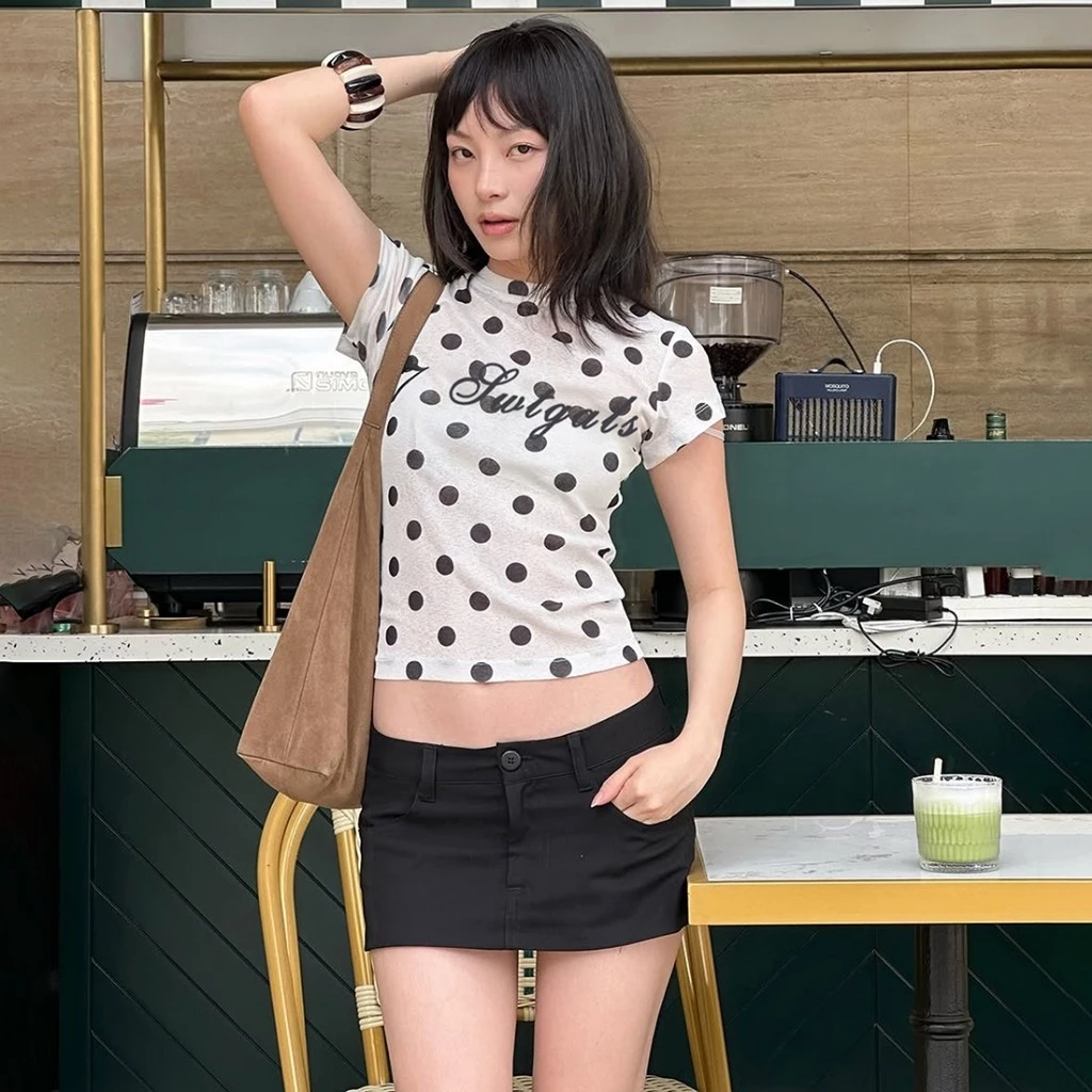 Áo thun nữ tay ngắn cổ tròn in họa tiết, phong cách đường phố mùa hè, dáng ôm Kliou