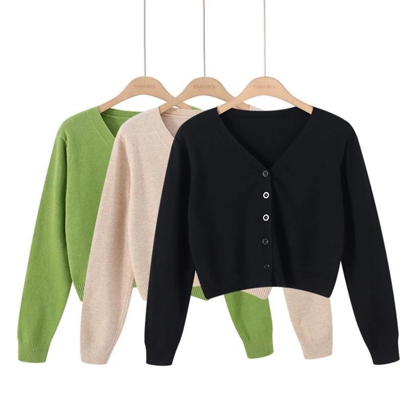 YAYUAN Ngắn đan cardigan nữ dài tay áo màu đen