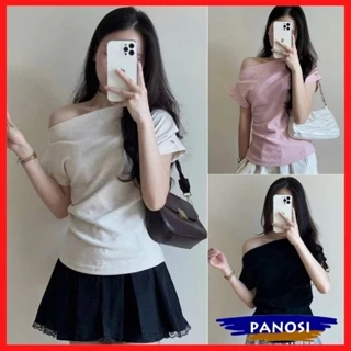 Áo trễ vai tay ngắn áo thun nữ phong cách tiểu thư thiết kế cánh rơi nhún eo điệu đà chất lông thỏ cao cấp A383-PANOSI