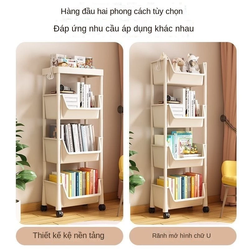 Kệ Sách Đứng Sàn Đơn Giản Hộ Gia Đình Trẻ Em Bánh Xe Nhiều Lớp Tủ Khóa Nẹp Khe Nhỏ Tủ Sách Mặt Sau Giá Để Đồ