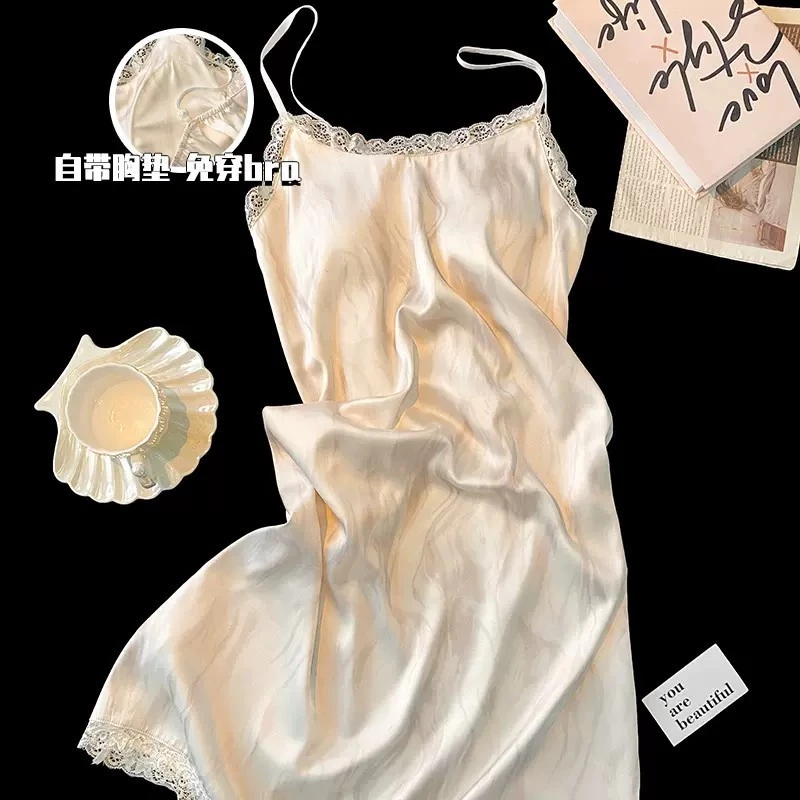 Sẵn Hàng - Bộ Đồ Ngủ Ice Silk Cho Phụ Nữ, Thiết Kế Cổ Chữ V và Miếng Lót Ngực, Phù Hợp Mùa Hè, Size Lớn