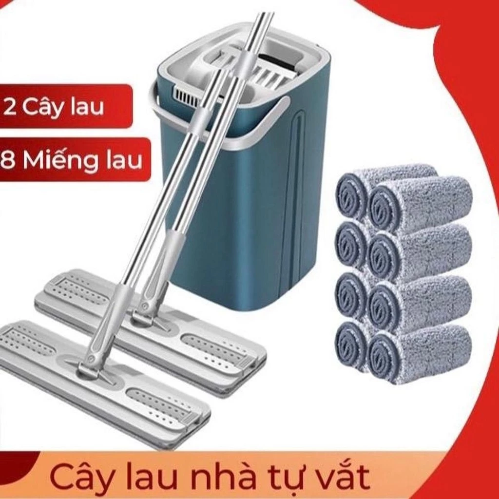 Bộ Cây Lau Nhà( 1 thùng + 2 cây lau + 8 miếng lau) Chổi Lau Nhà Tự Vắt 360 Độ Kèm Bông Lau, Thùng Lau Sàn Làm Sạch Inox