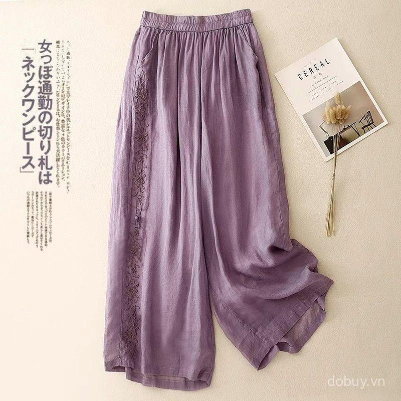 Giao hàng nội địa từ Việt Nam Mùa Hè 2025 Mới Nữ Crop Quần Ống Rộng Retro Thêu Rời Chảy Chảy Rỉ Cotton Vải Lanh Quần