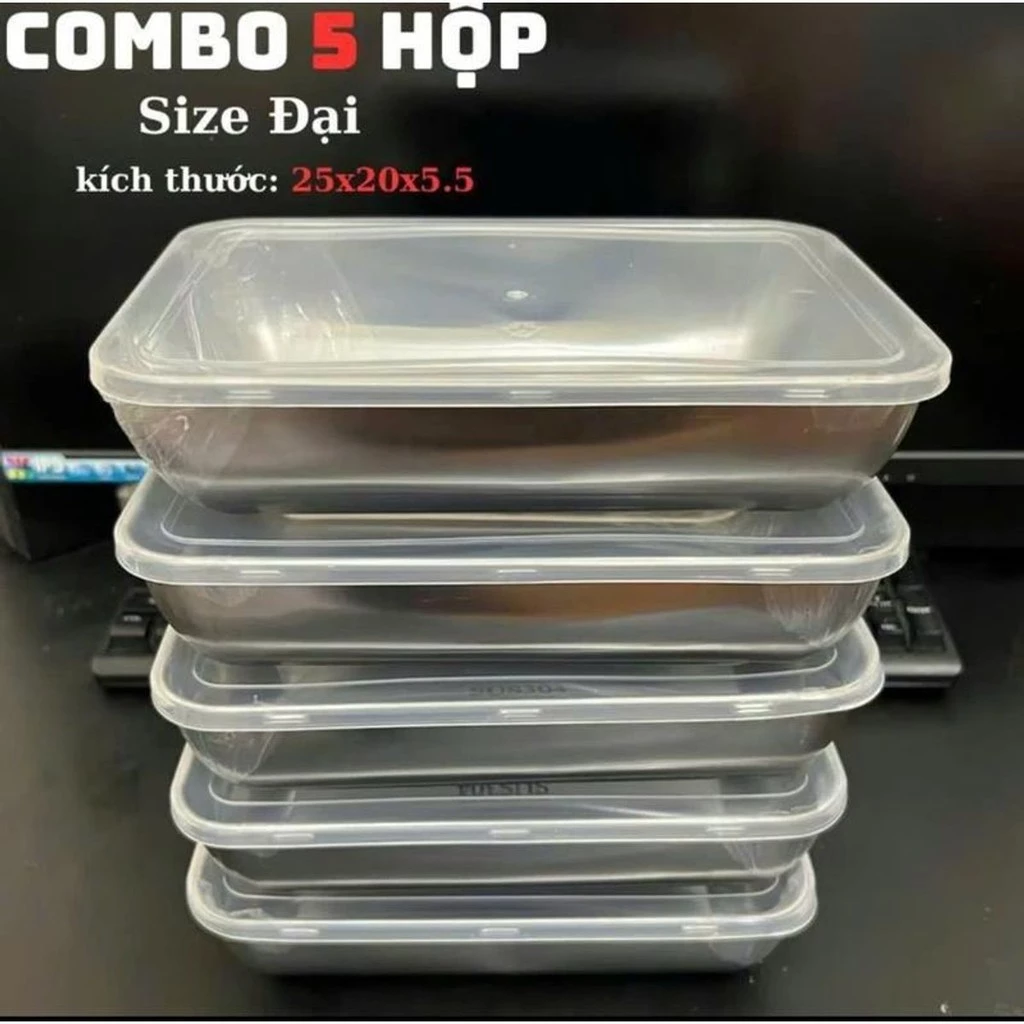 Set 5 Hộp đựnġ Thực Phẩm Inox 304 Size Lớn KT 25X20X6CM Có Nắp Đậy Và Khay Inox Chống Gỉ