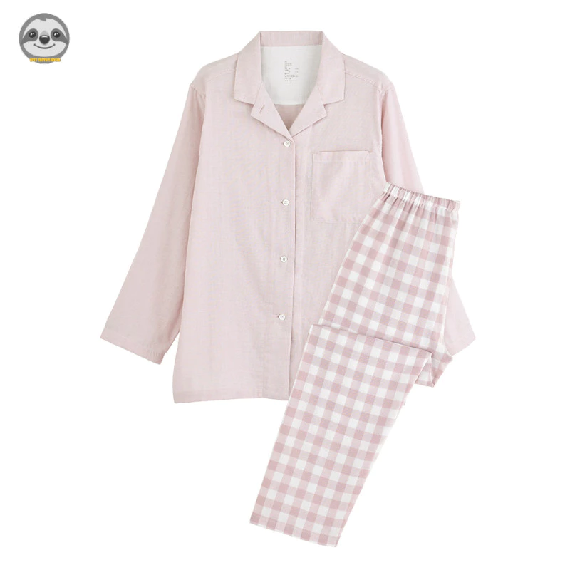 Phong cách Nhật Bản Muji Style / Bộ đồ ngủ dài tay bằng sợi đôi màu hỗn hợp / Bộ đồ ngủ Cotton nguyên chất mùa xuân thu / Bộ đồ ngủ sọc kẻ sọc