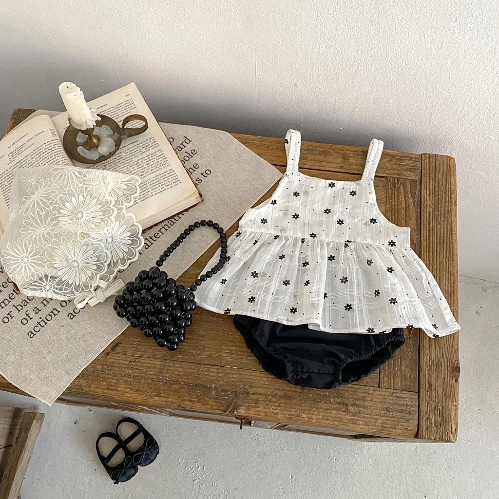 Câu Lạc Bộ Bé Gái Bộ Thời Trang Hàn Quốc Chấm Bi Phong Cách Bé Gái Áo + Quần Short Tam Giác Đen 2 Bộ Quần Áo Cotton Thoáng Khí Cho Bé Gái 0-36tháng